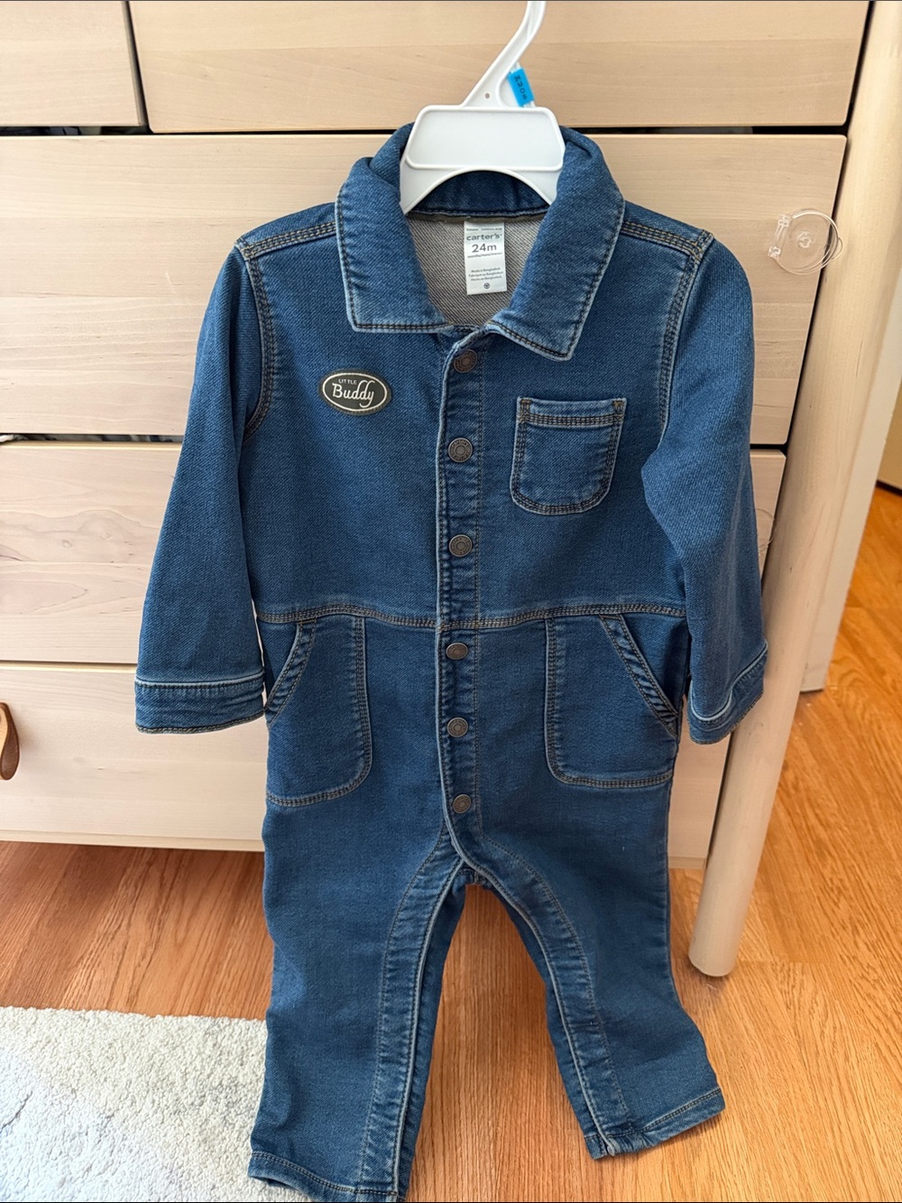 Carter's Dark Blue Denim-Style Baby Romper with 'Buddy' Patch